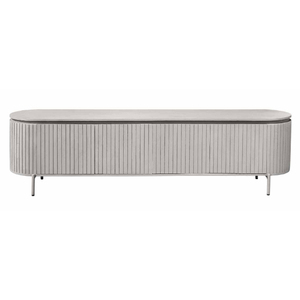 Meuble TV ovale moderne et minimaliste avec rangement à lattes verticales pour salon d'appartement, support au sol en métal - Product Image 2