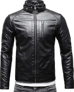 Men's Brown PU Casual Garment Dyed Moto Jacket <b>Turtleneck</b> Collar Zipper Closure Regular Fit Winter Wear - Product Image 5