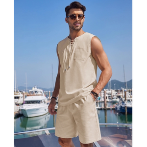 Mens Raw <b>Linen</b> Lace Up Tunic & Tailored Short Set This <b>two</b> <b>piece</b> ensemble features a sleeveless tunic - Product Image 3