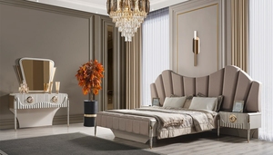 Ensemble de chambre à coucher moderne de luxe en teck massif, style Art Déco, lit king size capitonné à festons avec armoire et coiffeuse - Product Image 2