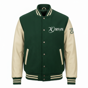 Chaqueta estilo americano original con mangas de cuero y letras de chenilla, estilo urbano viral, tipo Letterman profesional. - Product Image 1