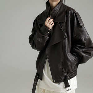 Hot Selling Women's for Loose Custom 100% Cotton Stand Collar <b>Winter</b> Genuine Sheepskin Motorcycle <b>Leather</b> <b>Jacket</b> - Product Image 2