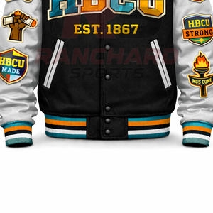 แจ็คเก็ตวาร์ซิตี้ HBCU สำหรับผู้ชาย – แจ็คเก็ตเลตเตอร์แมนสไตล์โอลด์สคูล ตัวเสื้อทำจากผ้าขนสัตว์ แขนเสื้อทำจากหนัง  แจ็คเก็ตเลตเตอร์แมนสำหรับทุกเพศ HBCU - Product Image 3