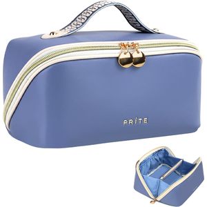 Sac de voyage pour maquillage en cuir vegan imperméable pour femmes, s'ouvrant à plat, avec séparateur transparent et poignée, pour organiser les articles de toilette - Product Image 1