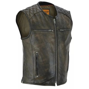 Gilet de moto matelassé en cuir de vachette véritable vintage pour homme, avec fermeture éclair, imperméable, coupe-vent et col montant - Product Image 1