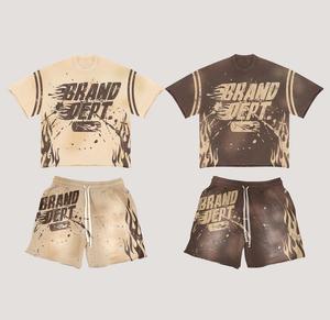 Ensemble d'été homme en coton éponge à séchage rapide, t-shirt et short deux pièces, style streetwear personnalisé avec impression sérigraphiée effet délavé - Product Image 1
