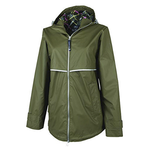Chaqueta Impermeable de Senderismo para Mujer, Color Verde Oliva, con Capucha, Manga Larga, Corte Clásico, Cierre de Cremallera, Línea Brillante - Product Image 1