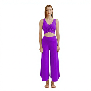 Women's Yoga Set Solid V-Neck High Waist Wide Leg Pants 2-Piece Breathable Spandex/Nylon <b>Lace</b> <b>Elastic</b> Waist Front Ankle-Length - Product Image 5