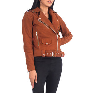 Chaqueta de cuero de ante para motociclista, estilo invierno, con cremallera asimétrica, cintura con cinturón, botones con diseño, OEM, ODM, producción a granel personalizada al por mayor - Product Image 2