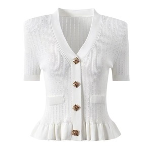 Cardigan en maille pour femme, design élégant, respirant, col en V, manches courtes ajourées, à volants, décontracté, blanc, noir, boutonné, uni - Product Image 1