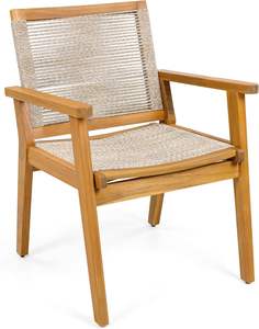 Silla de comedor para exteriores de madera de teca con un acabado natural y una combinación de asiento y respaldo de cuerda para uso en exteriores. - Product Image 3