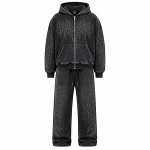 Ensemble de survêtement unisexe 2-en-1 coupe-vent en polaire à capuche, manches longues, motif uni, décontracté, pour l'automne, noir, en coton, avec cordon de serrage - Product Image 4