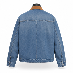 Veste en jean vintage pour homme, fermeture éclair, col en velours côtelé contrastant, style streetwear décontracté, fabricant OEM ODM - Product Image 2
