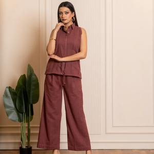 Conjunto de Dos Piezas de Algodón para Mujer, Camiseta sin Mangas con Cuello y Pantalones Anchos |   Conjunto de Dos Piezas Casual de Verano para Mujer - Product Image 1