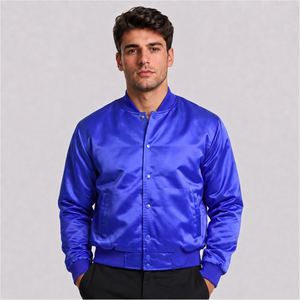 Chaqueta Bomber Azul Rey para Hombre, Cuello Alto, Cierre de Botones, Estilo Casual para Otoño, Corte Regular, Color Sólido, Material de Poliéster - Product Image 1