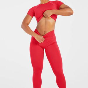 Wholesale Custom Womens Seamless 2 Piece Activewear Set Short Sleeve Sports <b>Jacket</b> & High Waist Leggings Gym Workout Outfit - Product Image 3