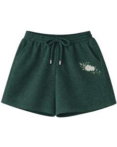 Ensemble décontracté deux pièces pour femme : débardeur court côtelé et short à cordon de serrage, broderie florale vert foncé, personnalisable OEM - Product Image 3