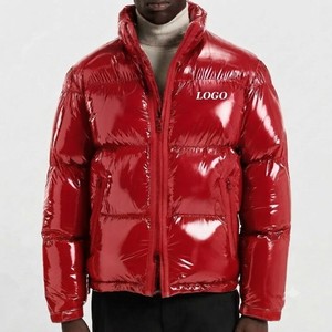 Men Red PU Puffer Jacket Stand Collar Zipper Closure Windproof <b>Thick</b> <b>Winter</b> <b>Coat</b> Solid Color Front Logo Casual Style - Product Image 5