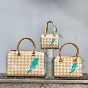 Sac Speedy avec motif à carreaux et design éclair bleu turquoise, sac à main en cuir de luxe - Product Image 5