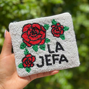 Hand Beaded La Jefa Pouch <b>Red</b> Rose Embroidery Zipper Coin <b>Purse</b> Floral Sequin Clutch Custom Bag Gift Unisex Trendy Use - Product Image 4