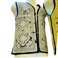 Gilet brodé Waskat pour homme afghan, motif géométrique artisanal, tenue formelle, noir, jaune, blanc, col en V, simple boutonnage