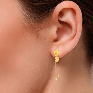 Elegant 14K Gold Finish Long <b>Dangle</b> <b>Earrings</b> with Intricate Floral Motifs Brilliant Lab Grown Accents and Double Chain - Product Image 4