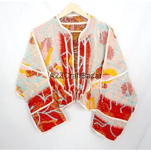 Handcrafted Unisex Cotton Quilted Printed Patchwork Bohemian <b>Kantha</b> Kimono <b>Jacket</b> Autumn/Spring/Summer/Winter Vintage Floral - Product Image 1