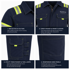 Navy Blue Lime Yellow Reflective Hi Visibility Industrial Work Coverall Heavy Duty Spandex <b>Waterproof</b> <b>Overall</b> Utility Pockets - Product Image 2