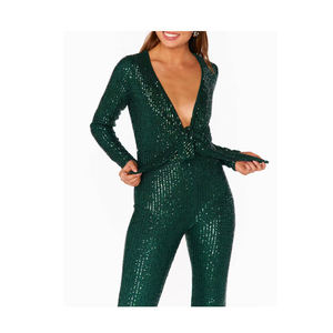 Mono elegante de fiesta de una pieza con cuello en V pronunciado, lentejuelas, manga larga y pierna ancha acampanada para mujer, personalizado OEM - Product Image 3