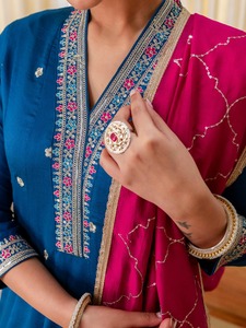 Blue Silk Blend Salwar Kameez with Pink Dupatta Embroidered Traditional Indian Wear for Women <b>Ankle</b>-Length Regular Fit Anarkali - Product Image 3