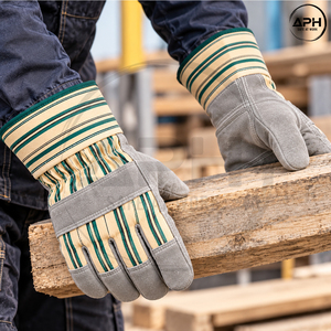 Industrial Split Cowhide Leather Rigger Gloves Green Striped Fabric Back Rubber Cuff Reinforced Palm Mechanics Working Gloves - Product Image 6
