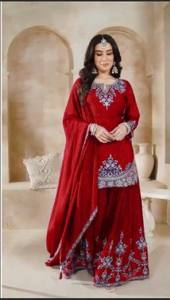 Indian Gujarati <b>Women</b> Red Heavy Chinous Silk Embroidered Quick Dry Palazzo Suit Set Ankle-Length Traditional <b>Party</b> <b>Wear</b> Salwar - Product Image 3