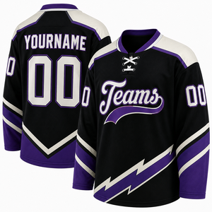 Maillot de hockey personnalisé noir et violet, uniforme d'équipe de hockey sur glace, maillot de sport sublimé à manches longues, design avec nom et numéro du joueur - Product Image 2
