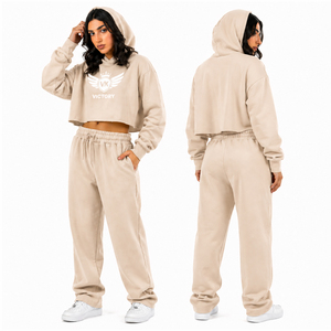 <b>Women</b> <b>Beige</b> Cropped Hoodie <b>Tracksuit</b> Set Custom Logo VK Victory Sweatshirt & Jogger Set Casual Streetwear Two Piece Outfit - Product Image 1