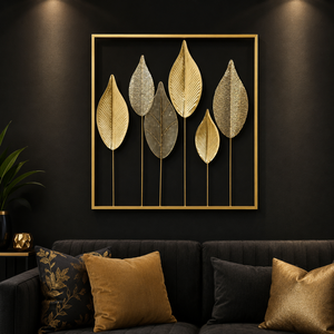Panneau mural botanique en feuille d'or, sculpture élégante en métal à motif de feuillage, œuvre d'art naturelle encadrée pour l'intérieur moderne de la maison - Product Image 1