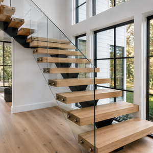 Barandilla moderna de vidrio para escaleras con estructura de metal negro y escalones de madera oscura para interiores de casas, villas y hoteles de lujo. - Product Image 3