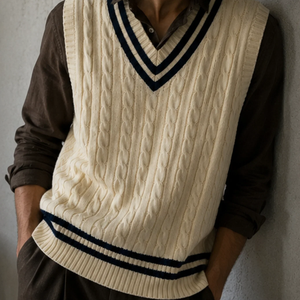 <b>Men's</b> Cream Cable Knit V-Neck Sleeveless Vest Solid Color Autumn Knitted <b>Sweater</b> - Product Image 5
