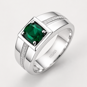 925 Sterling <b>Silver</b> Green <b>Emerald</b> Men's <b>Ring</b> - Product Image 3