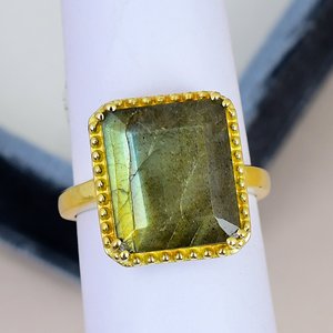 Yellow Gold Plated Labradorite Statement Ring Solid 925 Sterling Silver Beaded Bezel <b>Set</b> Smooth Polished Band Geometric Design - Product Image 3