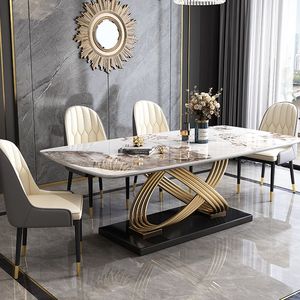 Modern Rectangle Stone Top <b>Dining</b> <b>Table</b> Gold Metal Legs Waterproof Durable Eco-Friendly 6 Seater Stable Structure Home Furniture - Product Image 1