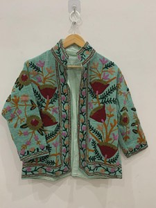 Floral Embroidered Quilted Knitted Breathable Cotton <b>Jacket</b> Full Sleeve Boho Style Spring Wear - Product Image 3