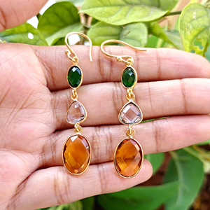 Attractive briolette hydro quartz checker cut fancy stone bezel setting drop <b>hook</b> <b>earring</b> handmade 18k gold plated brass dangle - Product Image 5