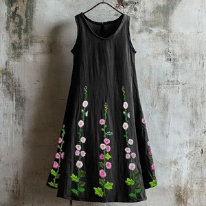 Elegante Vestido Negro sin Mangas de Lino con Delicado Bordado Floral, Tela de Lino Suave y Transpirable, Estilo Bohemio - Product Image 2