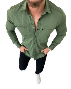 Chemise en jean vert olive pour homme, manches longues, col rabattu, couleur unie, coupe ajustée, style décontracté, tissée - Product Image 1