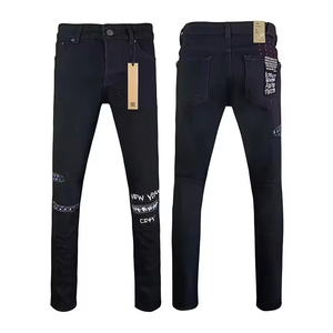 Jeans de mezclilla de alta calidad para hombre, estilo Hip Hop High Street, corte lápiz, apilados, Y2K, desgastados, streetwear, con letras bordadas, de tela gruesa - Product Image 1