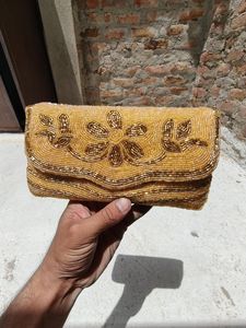 Hoorain Gem Handmade Beaded <b>Clutch</b> Rectangular Shape Flower Pattern <b>Gold</b> Color Party Use Luxury Feel - Product Image 5