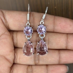 Nouvelles boucles d'oreilles pendantes en forme de goutte d'eau en quartz rose, en argent sterling 925, avec cristal en forme de poire, cadeau pour femmes - Product Image 4