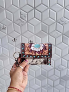 Hand <b>Tooled</b> Carving Western Hair on Hide Fur <b>Leather</b> Small Wristlet Coin Purse Multi Uses Mini Wallet for Women Western Gifts - Product Image 3