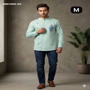 Colección de Kurta Corta de Manga Larga para Hombre, de Algodón y Yute de Alta Calidad con Diseño Butta Bordado en un Lado, Compra en Línea en India - Product Image 1