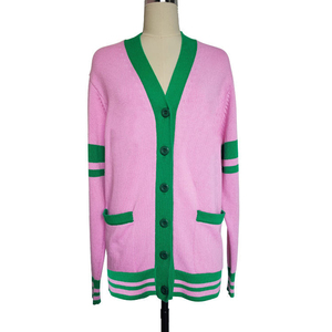 Women's Pink Green Striped V-Neck Cardigan Full Sleeve Preppy Style Knitted Open Front With Pockets Autumn Winter Wear - Product Image 4